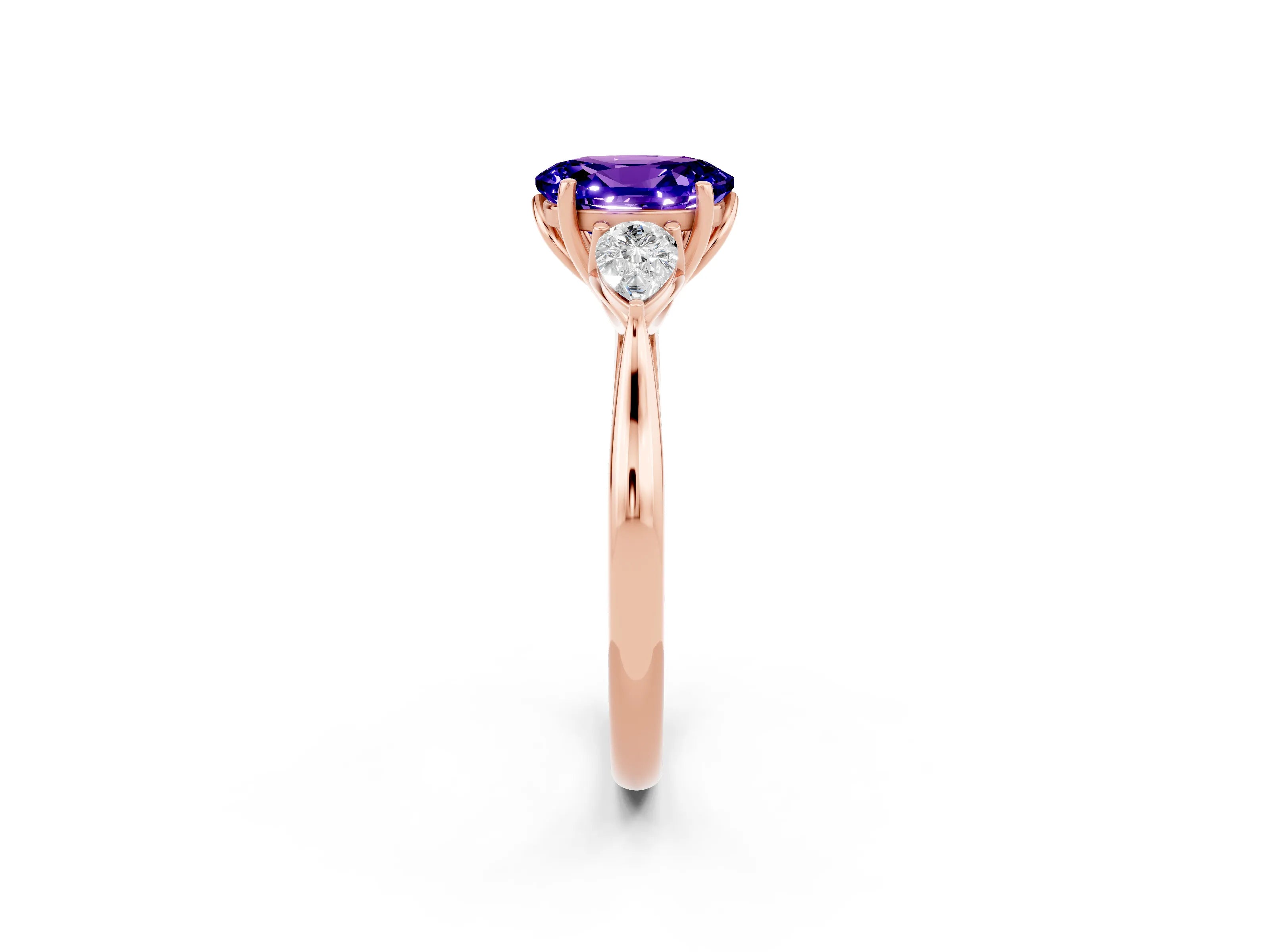 Rose gold Oval Cut Tanzanite Three-Stone Ring with Pear Side Stones and Four-Prong Setting_14