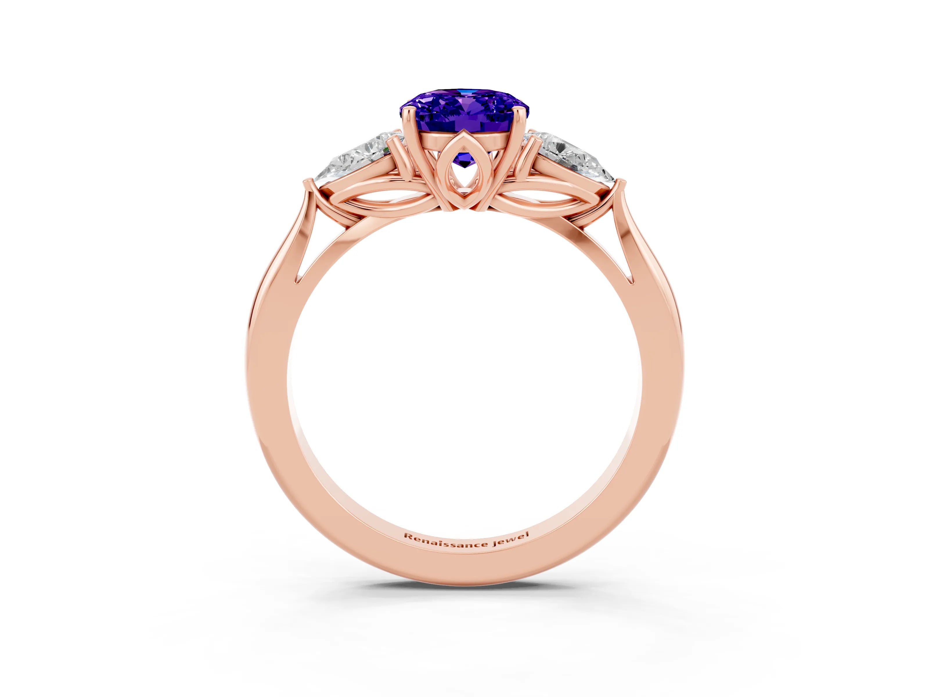Rose gold Oval Cut Tanzanite Three-Stone Ring with Pear Side Stones and Four-Prong Setting_15