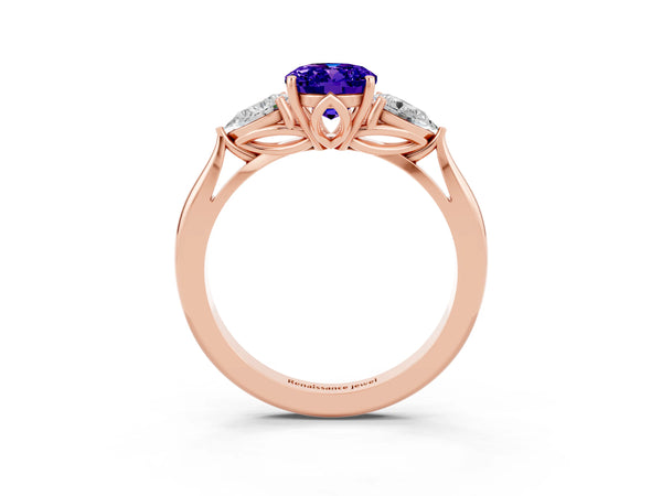 Rose gold Oval Cut Tanzanite Three-Stone Ring with Pear  Side Stones and Prong Setting