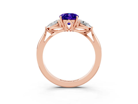 Rose gold Oval Cut Tanzanite Three-Stone Ring with Pear Side Stones and Four-Prong Setting_15
