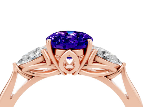 Rose gold Oval Cut Tanzanite Three-Stone Ring with Pear Side Stones and Four-Prong Setting_16