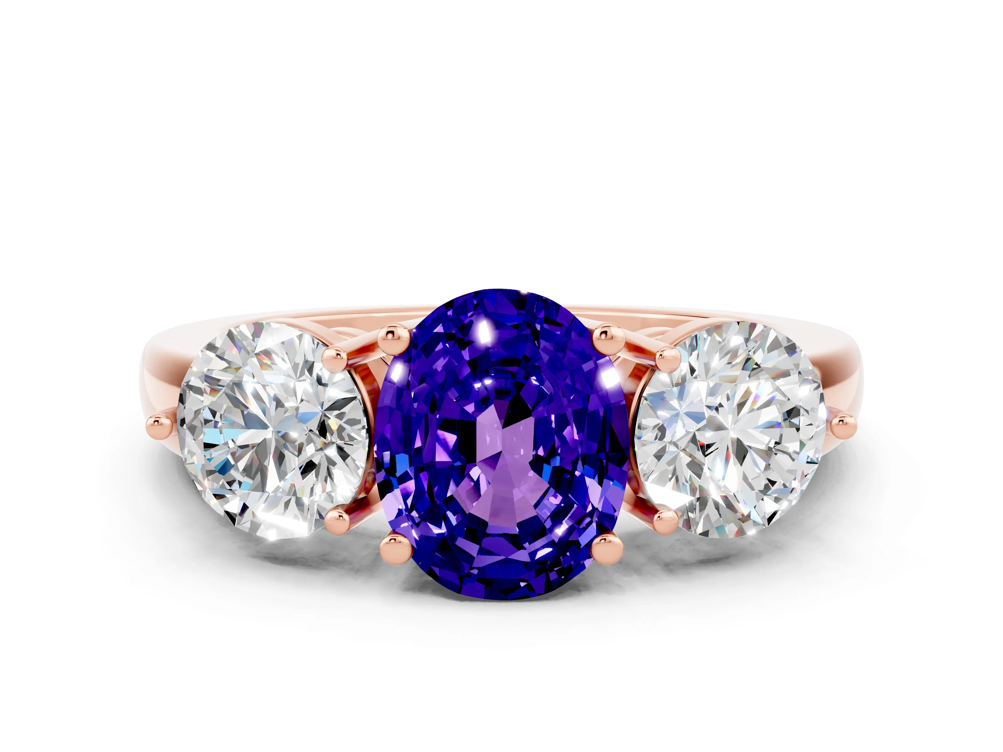 Rose gold Oval Cut Tanzanite Three-Stone Ring with Prong Setting and Classic Band