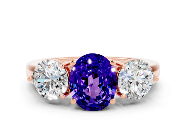 Rose gold Oval Cut Tanzanite Three-Stone Ring with Prong Setting and Classic Band