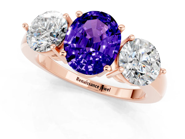 Rose gold Oval Cut Tanzanite Three-Stone Ring with Prong Setting and Classic Band