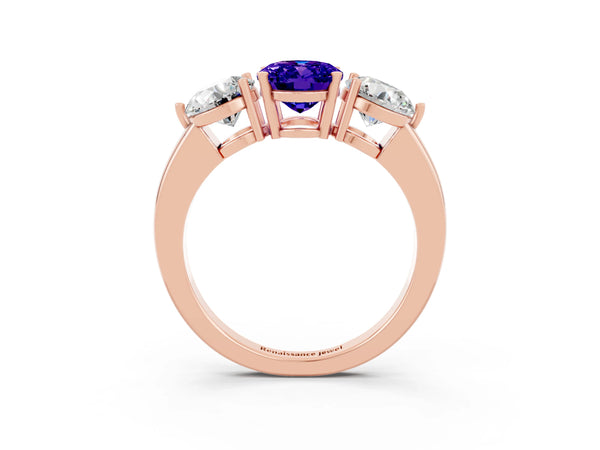 Rose gold Oval Cut Tanzanite Three-Stone Ring with Prong Setting and Classic Band