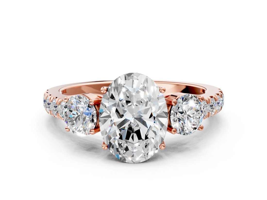 Rose gold Oval Cut Three-Stone Diamond Pave Band with Prong Setting_85