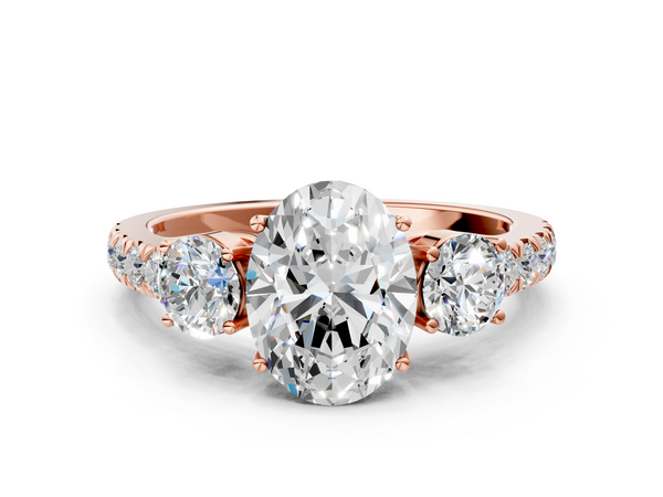 Rose gold Oval Cut Diamond Three-Stone Ring with Round Side Stones and Pavé Band