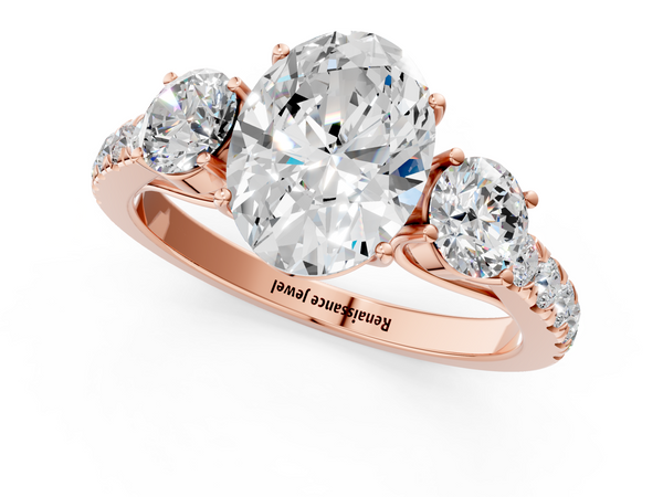Rose gold Oval Cut Diamond Three-Stone Ring with Round Side Stones and Pavé Band