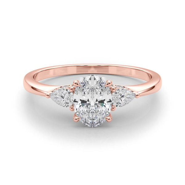 Rose gold Oval Cut Three-Stone Diamond Ring with Pear Side Stones on a Classic Solitaire Band with Prong Setting
