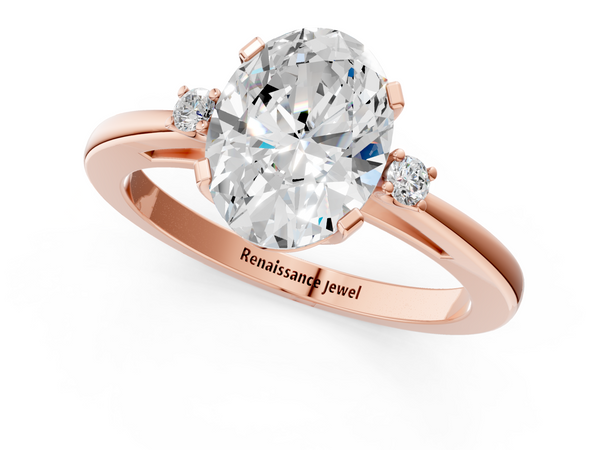 Rose gold Oval Cut Three-Stone Solitaire Ring with Round Accent Diamonds and Four-Prong Setting