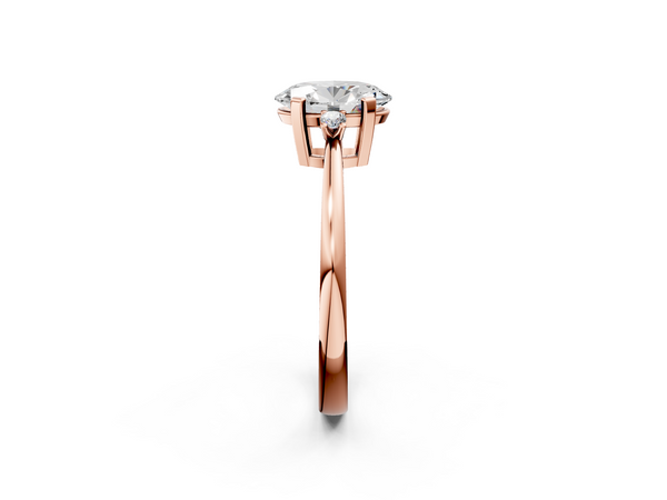 Rose gold Oval Cut Three-Stone Solitaire Ring with Round Accent Diamonds and Four-Prong Setting