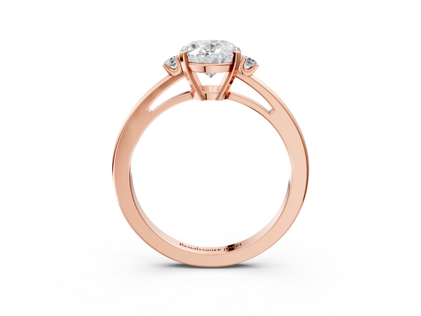 Rose gold Oval Cut Three-Stone Solitaire Ring with Round Accent Diamonds and Four-Prong Setting