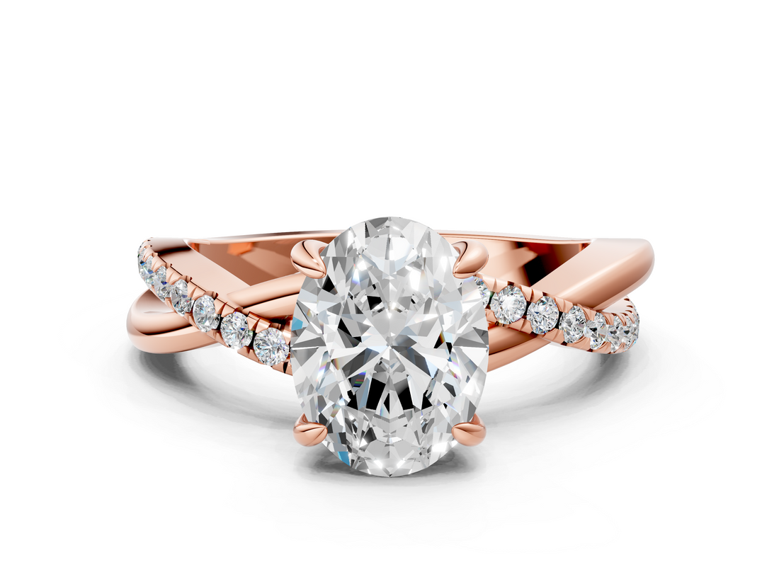 Rose gold Oval Cut Twist Band Solitaire Diamond Ring with Pavé Setting_15