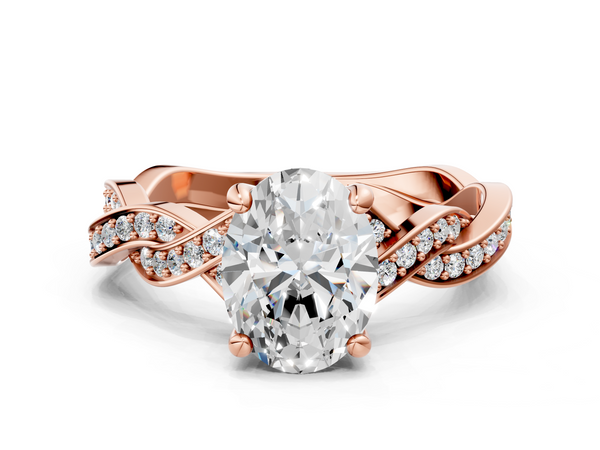Rose gold Oval Cut Twisted Pavé Band Solitaire Ring with Four-Prong Setting