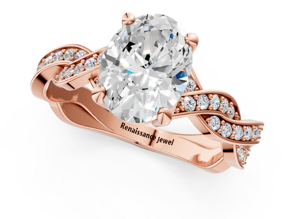 Rose gold Oval Cut Twisted Pavé Band Solitaire Ring with Four-Prong Setting