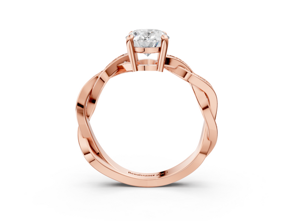 Rose gold Oval Cut Twisted Pavé Band Solitaire Ring with Four-Prong Setting