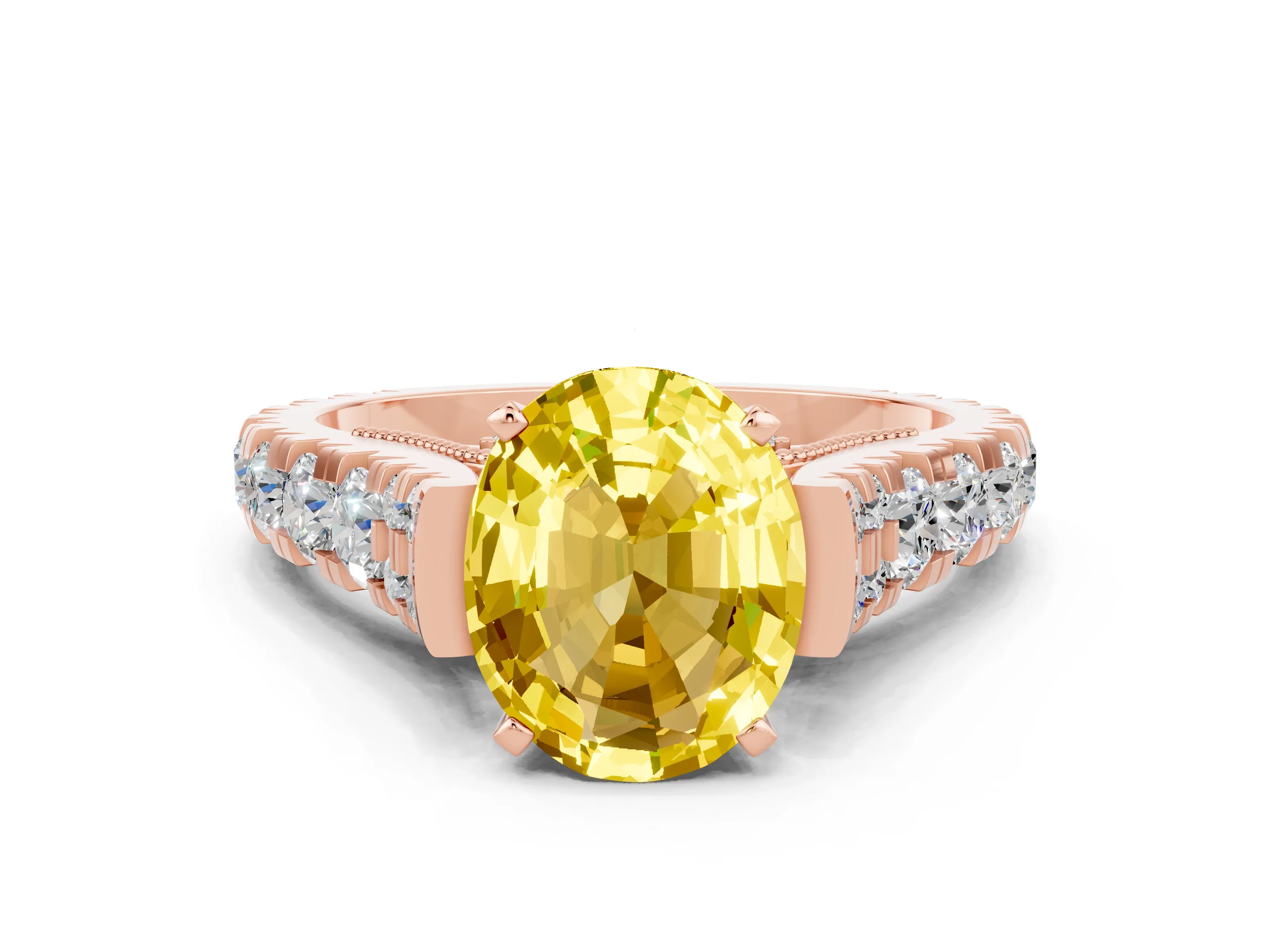 Rose gold Oval Cut Yellow Sapphire Classic Solitaire Ring with Pavé Band and Four-Prong Setting_12
