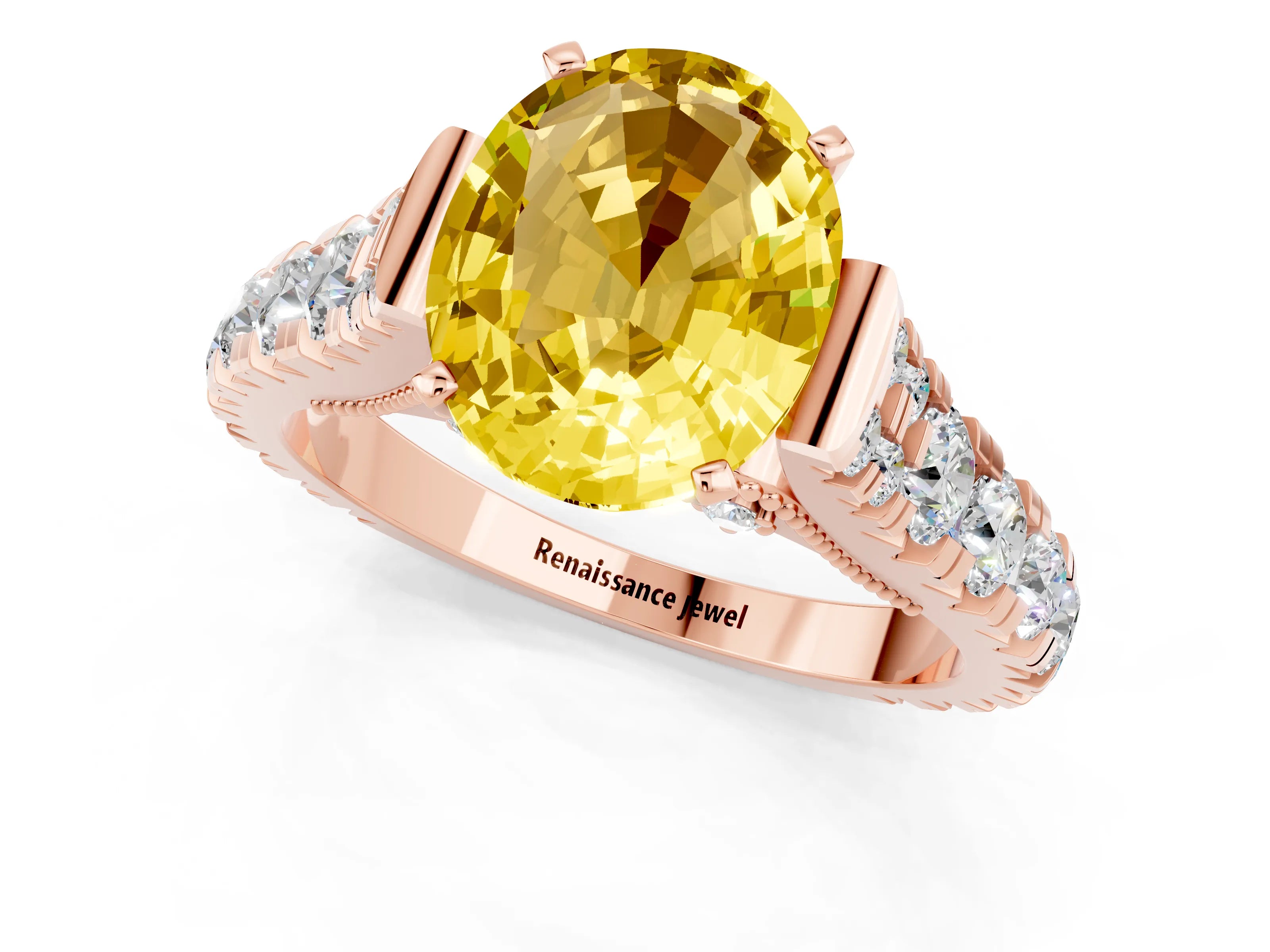 Rose gold Oval Cut Yellow Sapphire Classic Solitaire Ring with Pavé Band and Four-Prong Setting_13