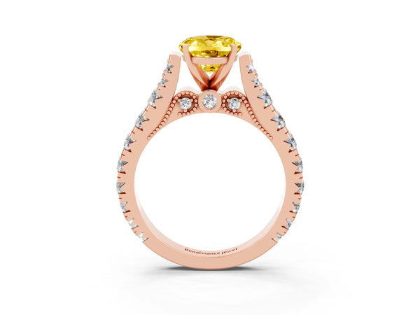 Rose gold Oval Cut Yellow Sapphire Classic Solitaire Ring with Pavé Band and Four-Prong Setting