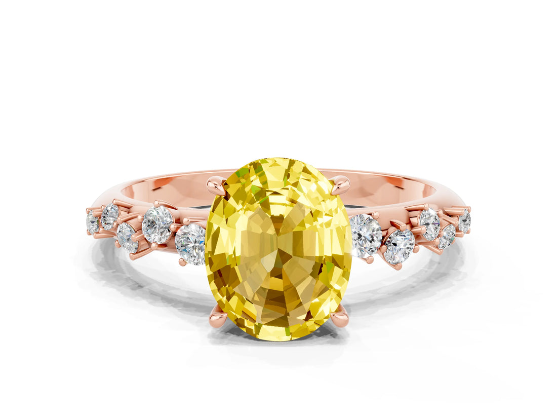 Rose gold Oval Cut Yellow Sapphire Cluster Side Stone Solitaire Ring with Prong Setting_48