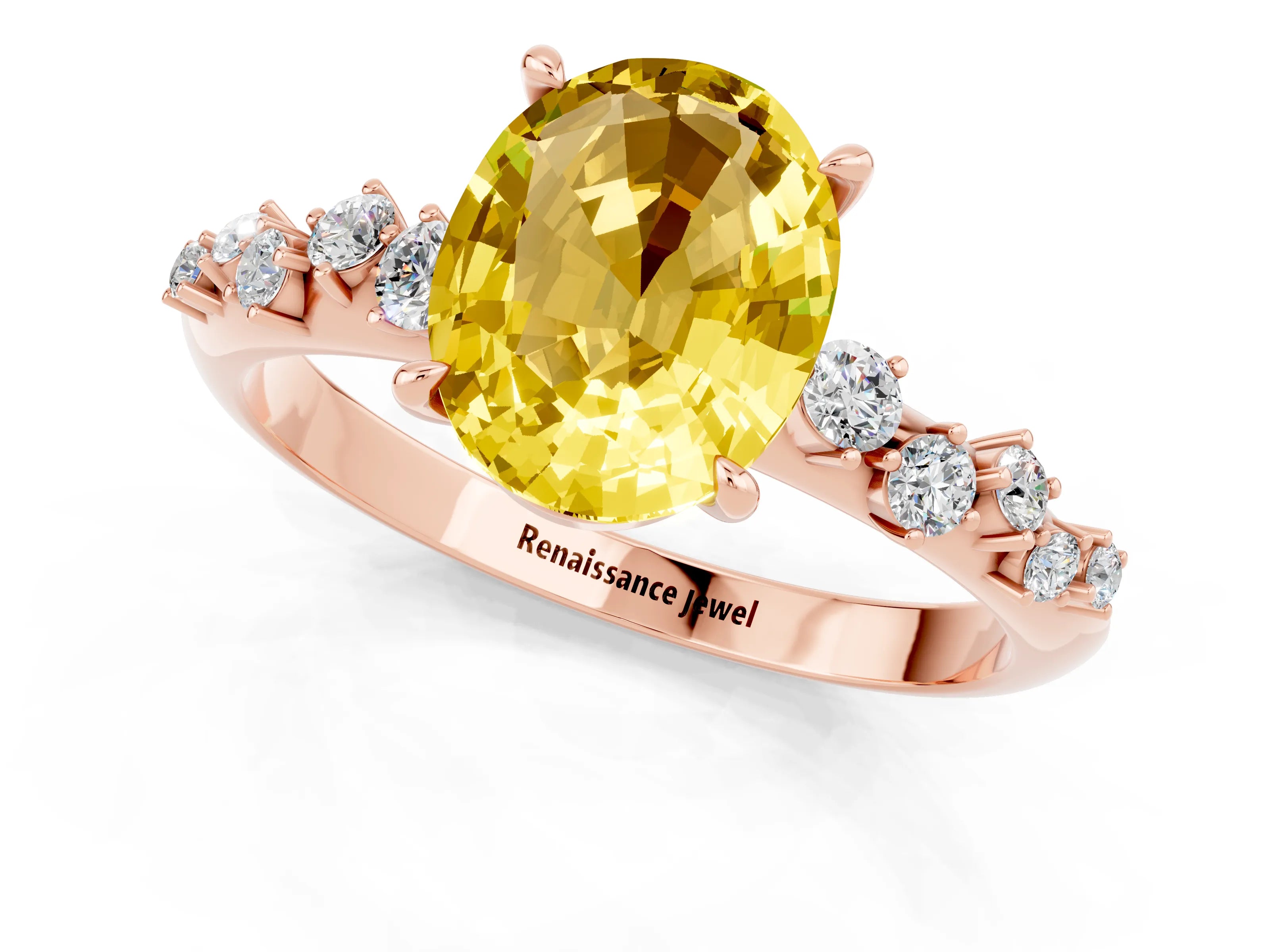 Rose gold Oval Cut Yellow Sapphire Cluster Side Stone Solitaire Ring with Prong Setting_49
