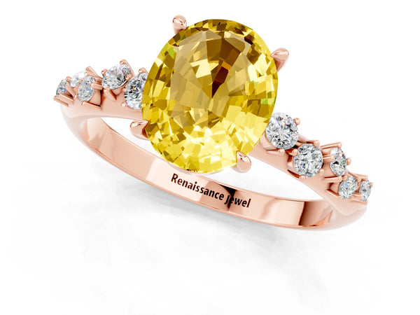 Rose gold Oval Cut Yellow Sapphire Cluster Side Stone Solitaire Ring with Prong Setting