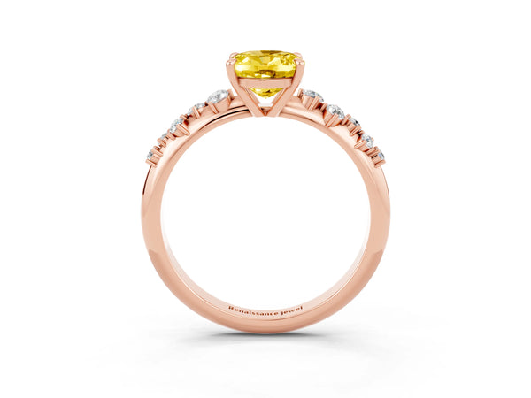 Rose gold Oval Cut Yellow Sapphire Cluster Side Stone Solitaire Ring with Prong Setting