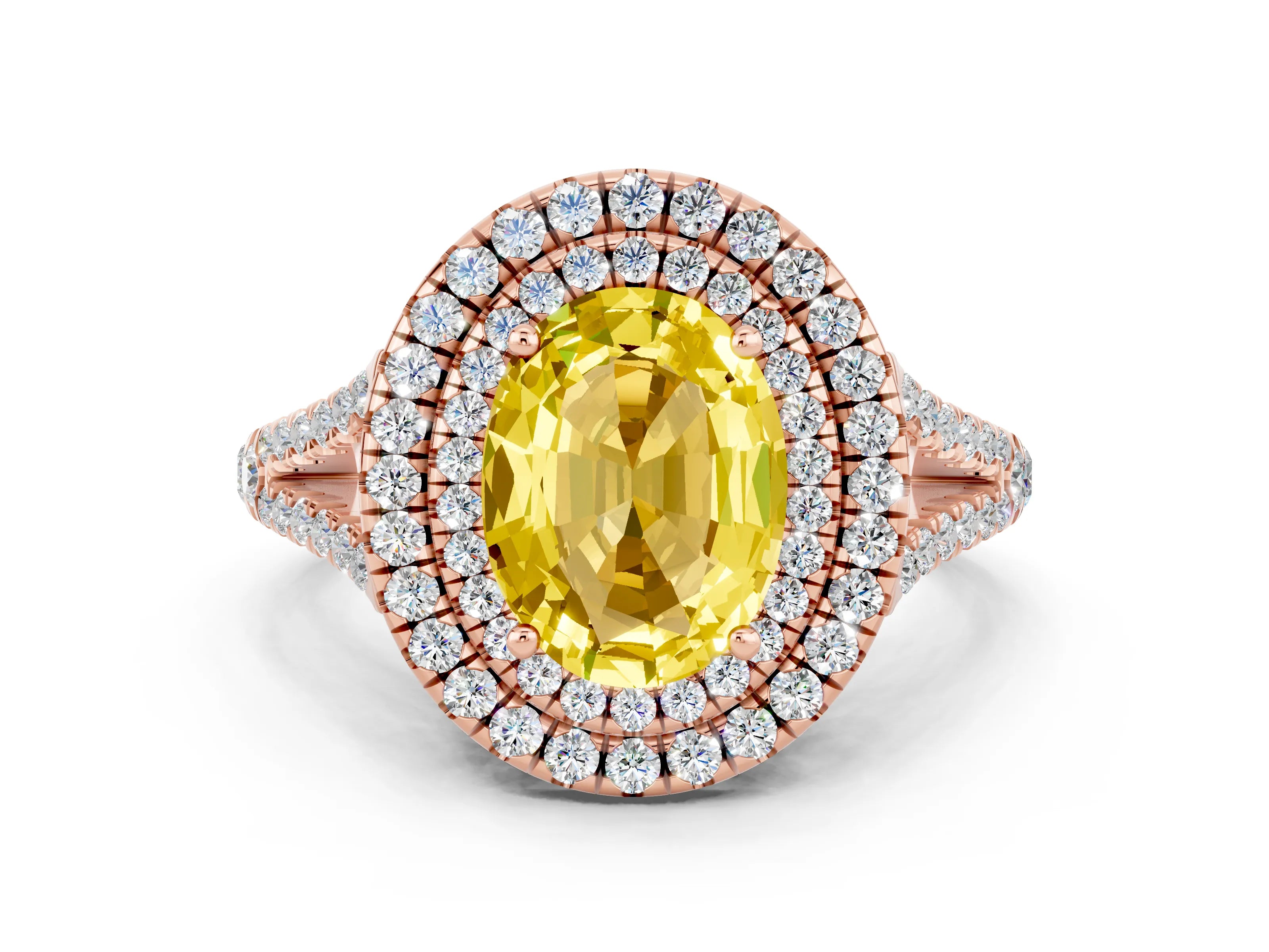 Rose gold Oval Cut Yellow Sapphire Double Halo Ring with Pavé Band and Prong Setting_12