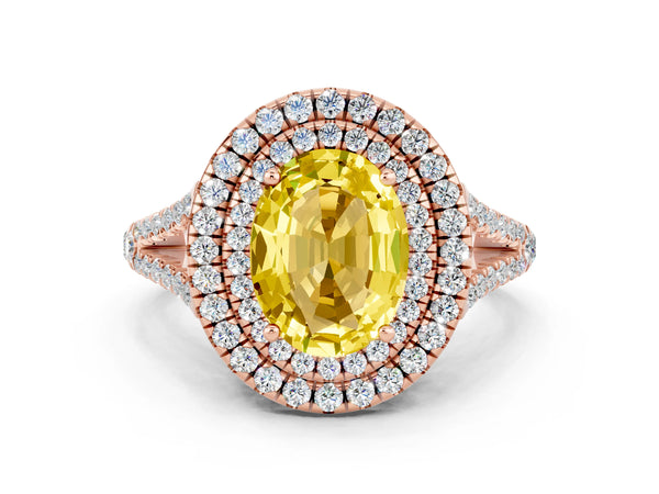 Rose gold Oval Cut Yellow Sapphire Double Halo Ring with Pavé Band and Prong Setting