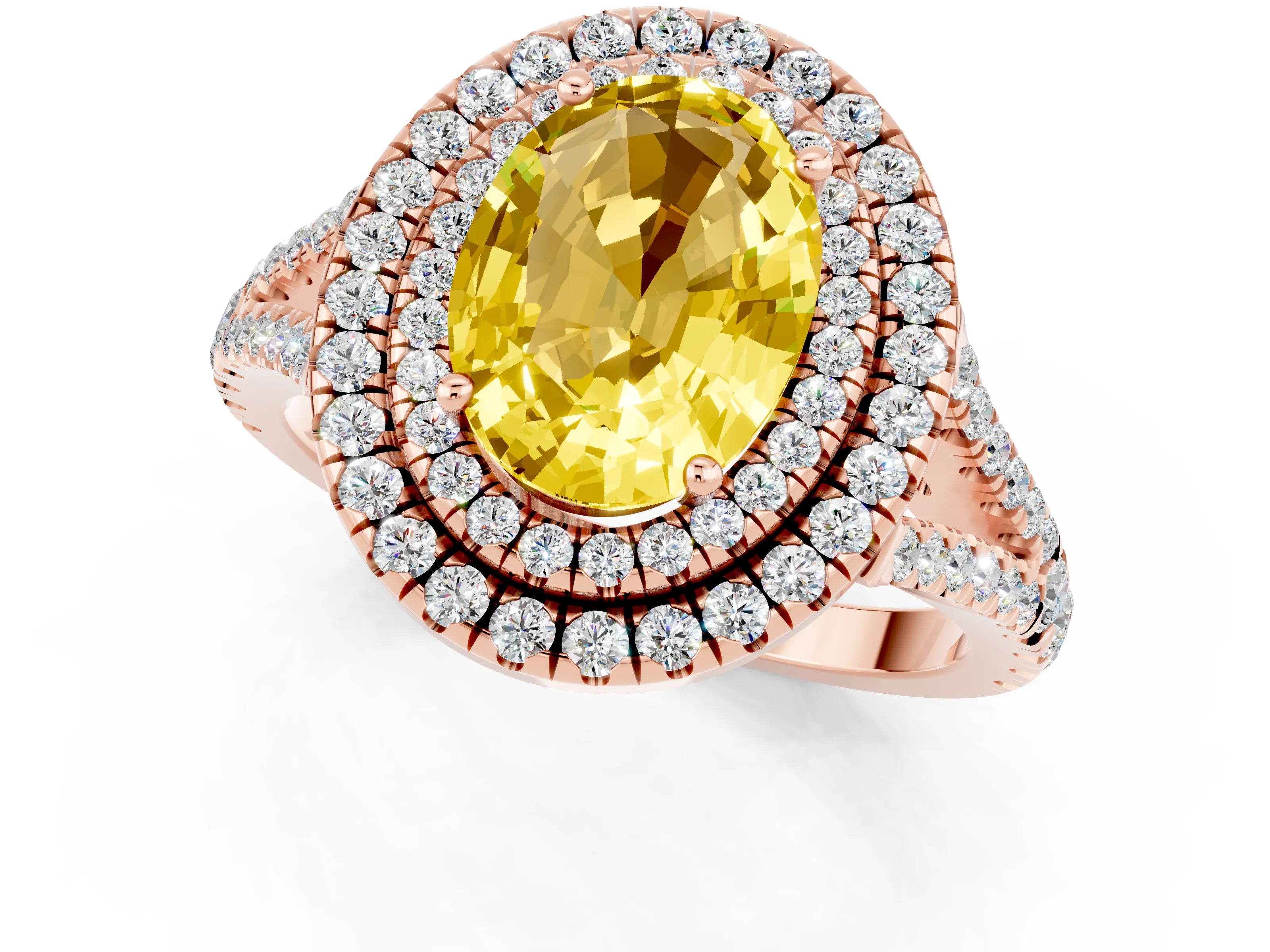 Rose gold Oval Cut Yellow Sapphire Double Halo Ring with Pavé Band and Prong Setting_13