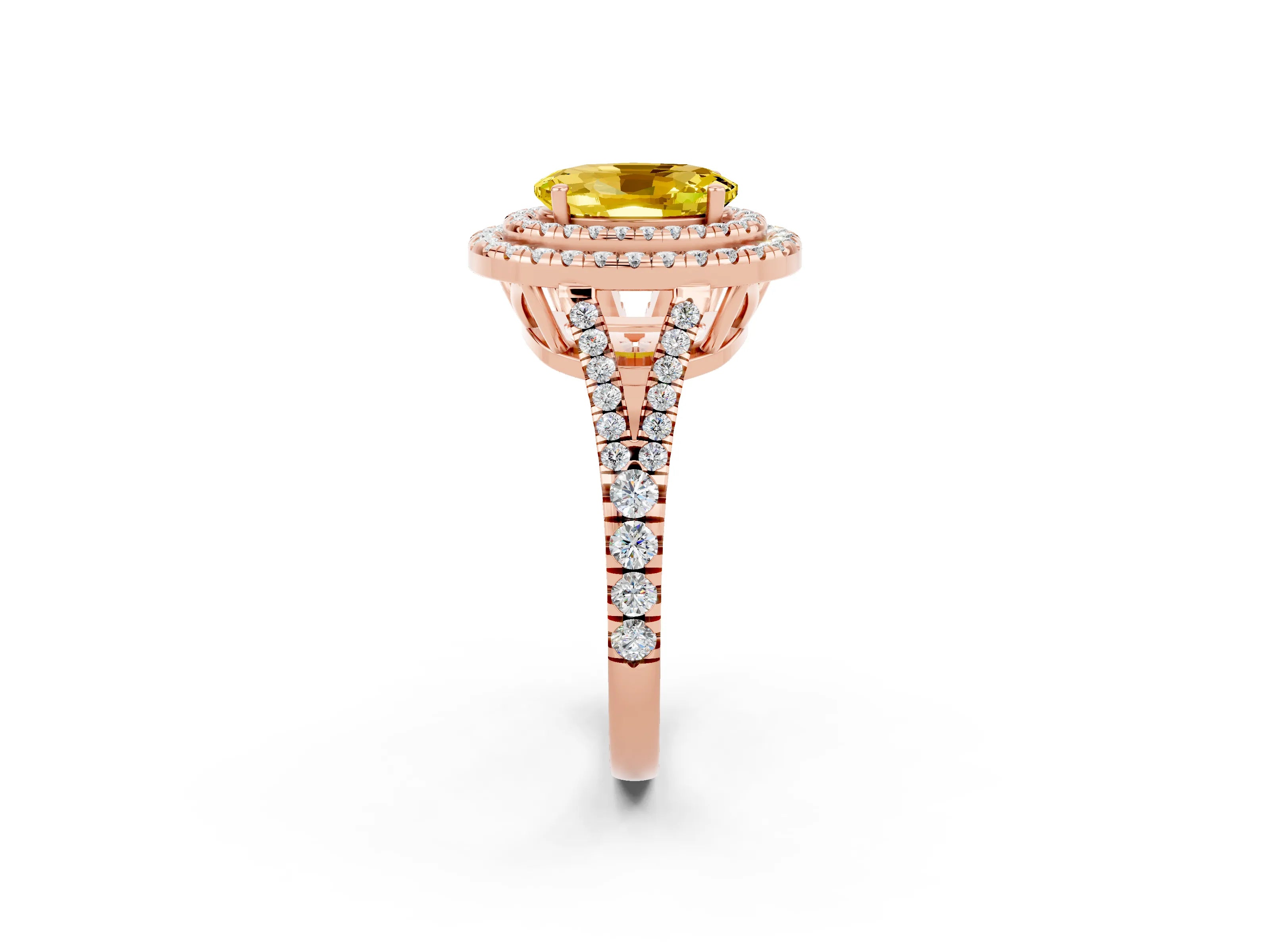 Rose gold Oval Cut Yellow Sapphire Double Halo Ring with Pavé Band and Prong Setting_14