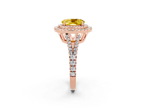 Rose gold Oval Cut Yellow Sapphire Double Halo Ring with Pavé Band and Prong Setting_14