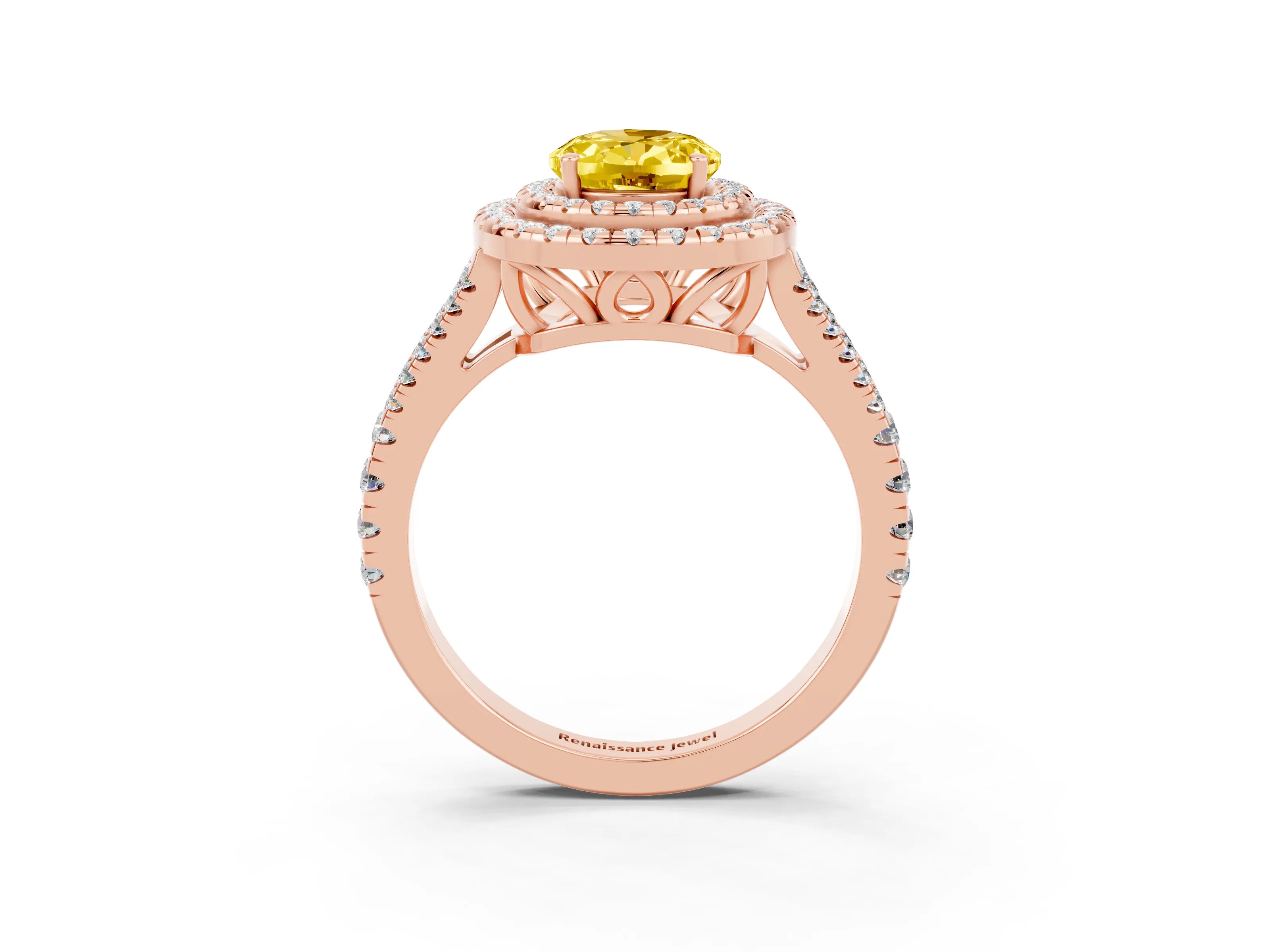 Rose gold Oval Cut Yellow Sapphire Double Halo Ring with Pavé Band and Prong Setting_15