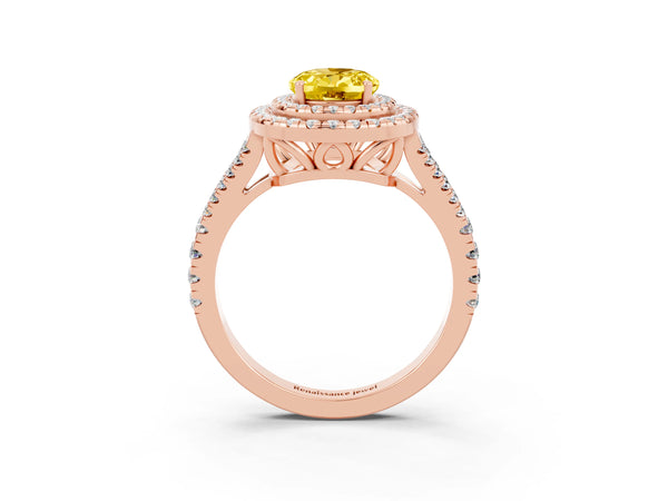 Rose gold Oval Cut Yellow Sapphire Double Halo Ring with Pavé Band and Prong Setting
