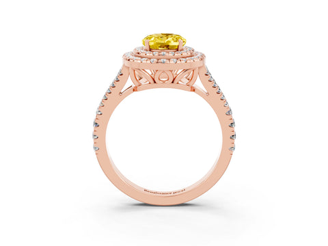Rose gold Oval Cut Yellow Sapphire Double Halo Ring with Pavé Band and Prong Setting_15