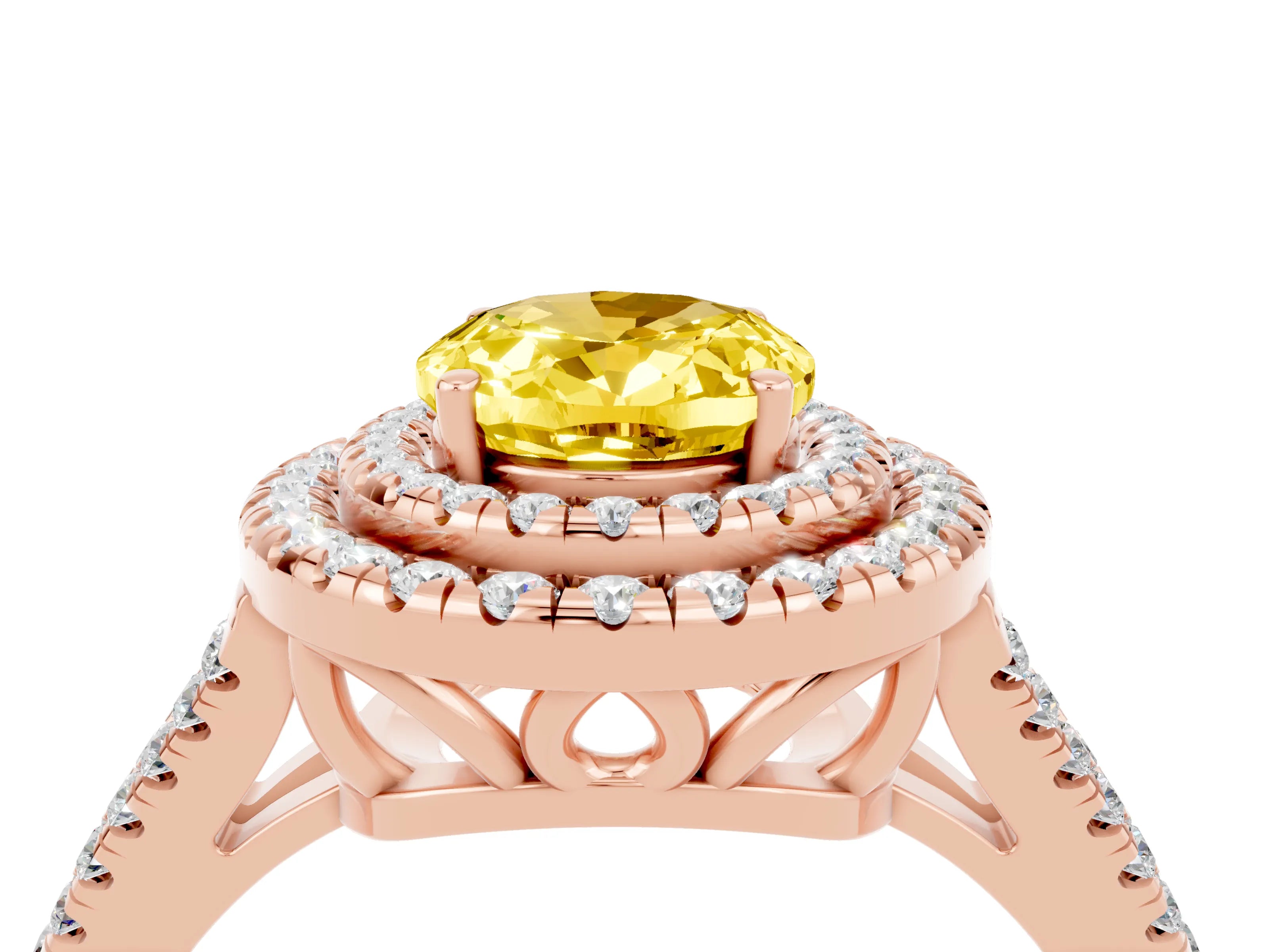 Rose gold Oval Cut Yellow Sapphire Double Halo Ring with Pavé Band and Prong Setting_16