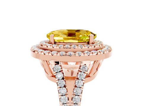 Rose gold Oval Cut Yellow Sapphire Double Halo Ring with Pavé Band and Prong Setting_17