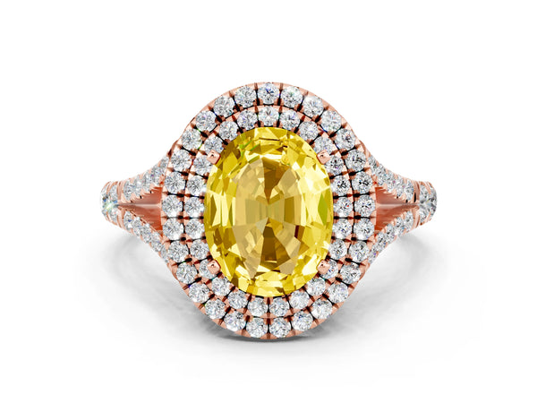 Rose gold Oval Cut Yellow Sapphire Double Halo Ring with Split Shank and Prong Setting