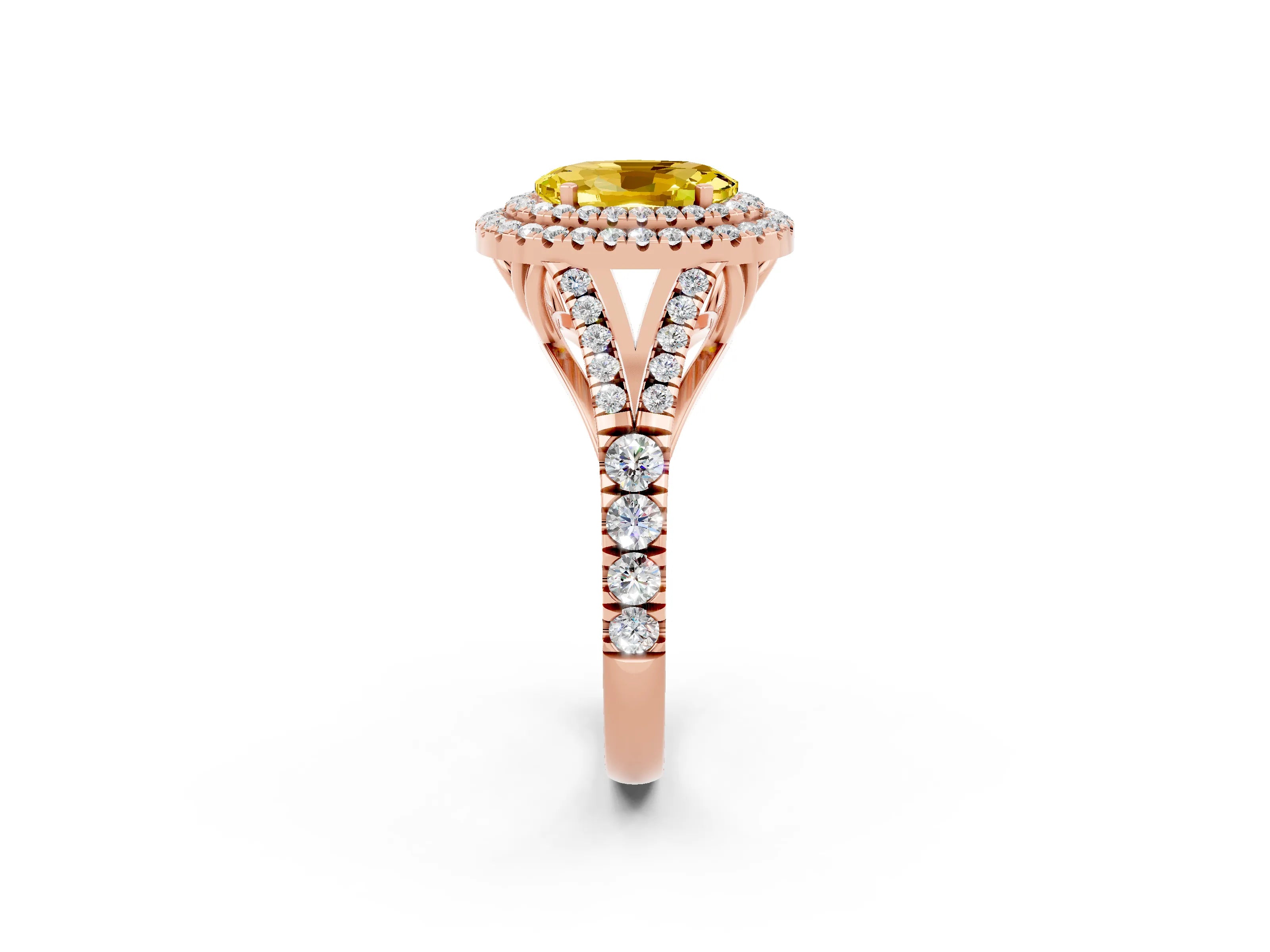 Rose gold Oval Cut Yellow Sapphire Double Halo Ring with Split Shank and Prong Setting_14