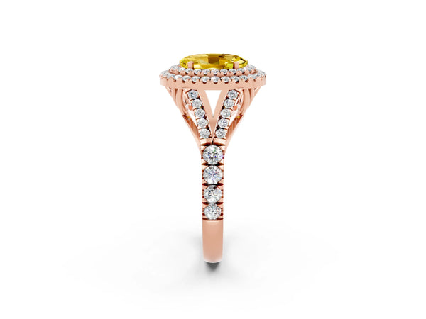 Rose gold Oval Cut Yellow Sapphire Double Halo Ring with Split Shank and Prong Setting