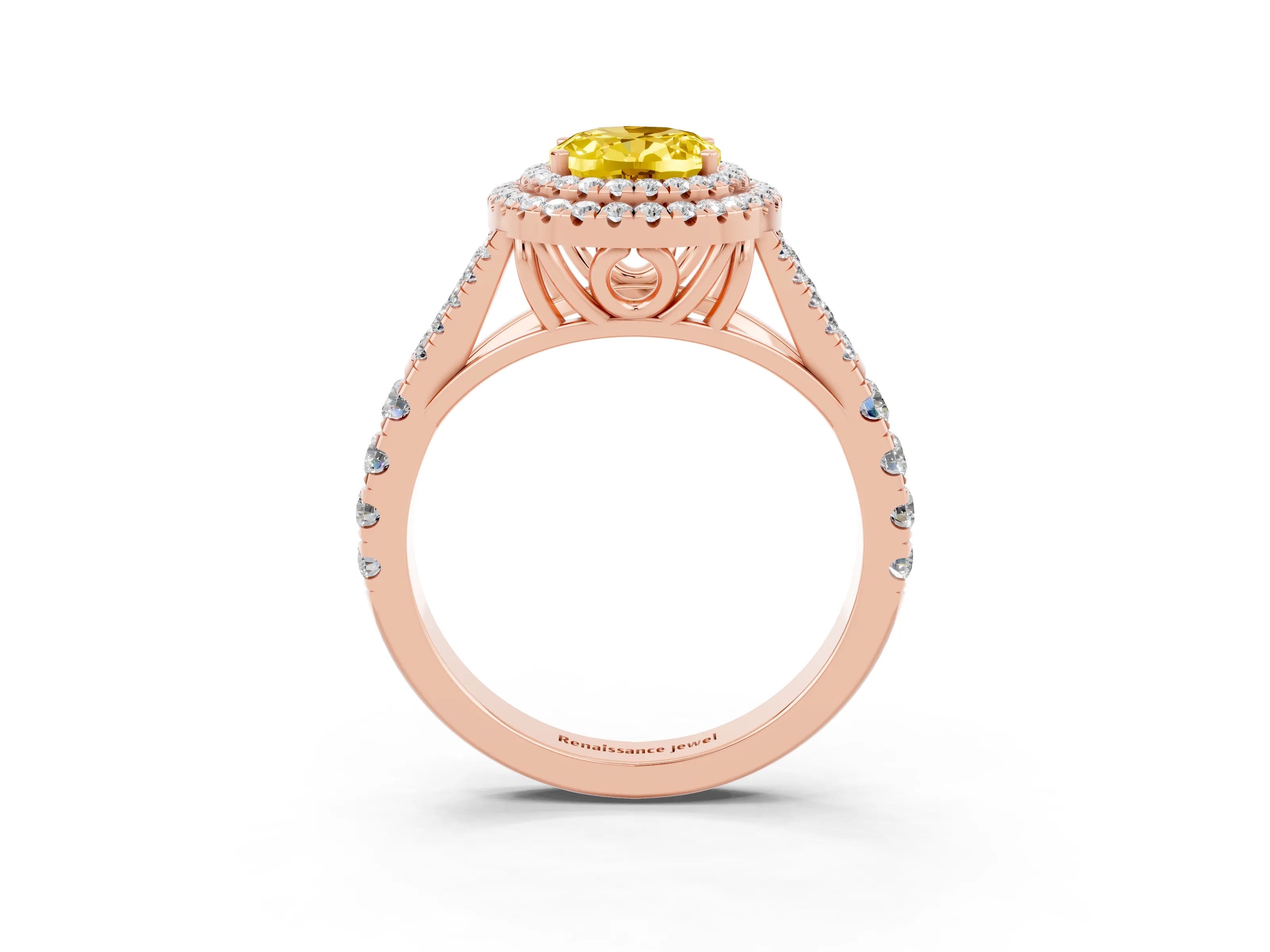 Rose gold Oval Cut Yellow Sapphire Double Halo Ring with Split Shank and Prong Setting_15