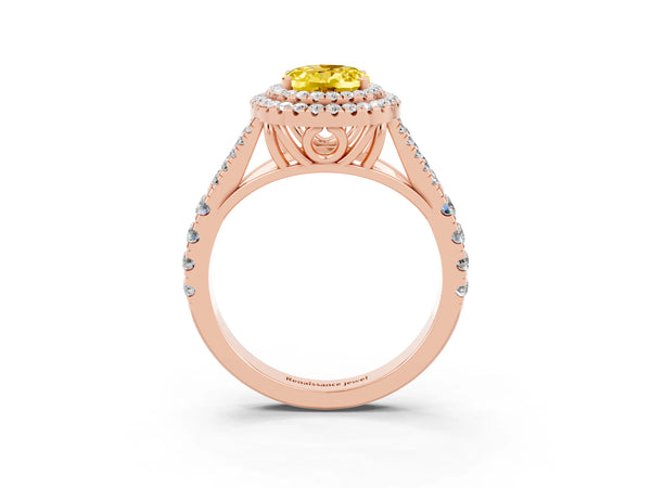 Rose gold Oval Cut Yellow Sapphire Double Halo Ring with Split Shank and Prong Setting