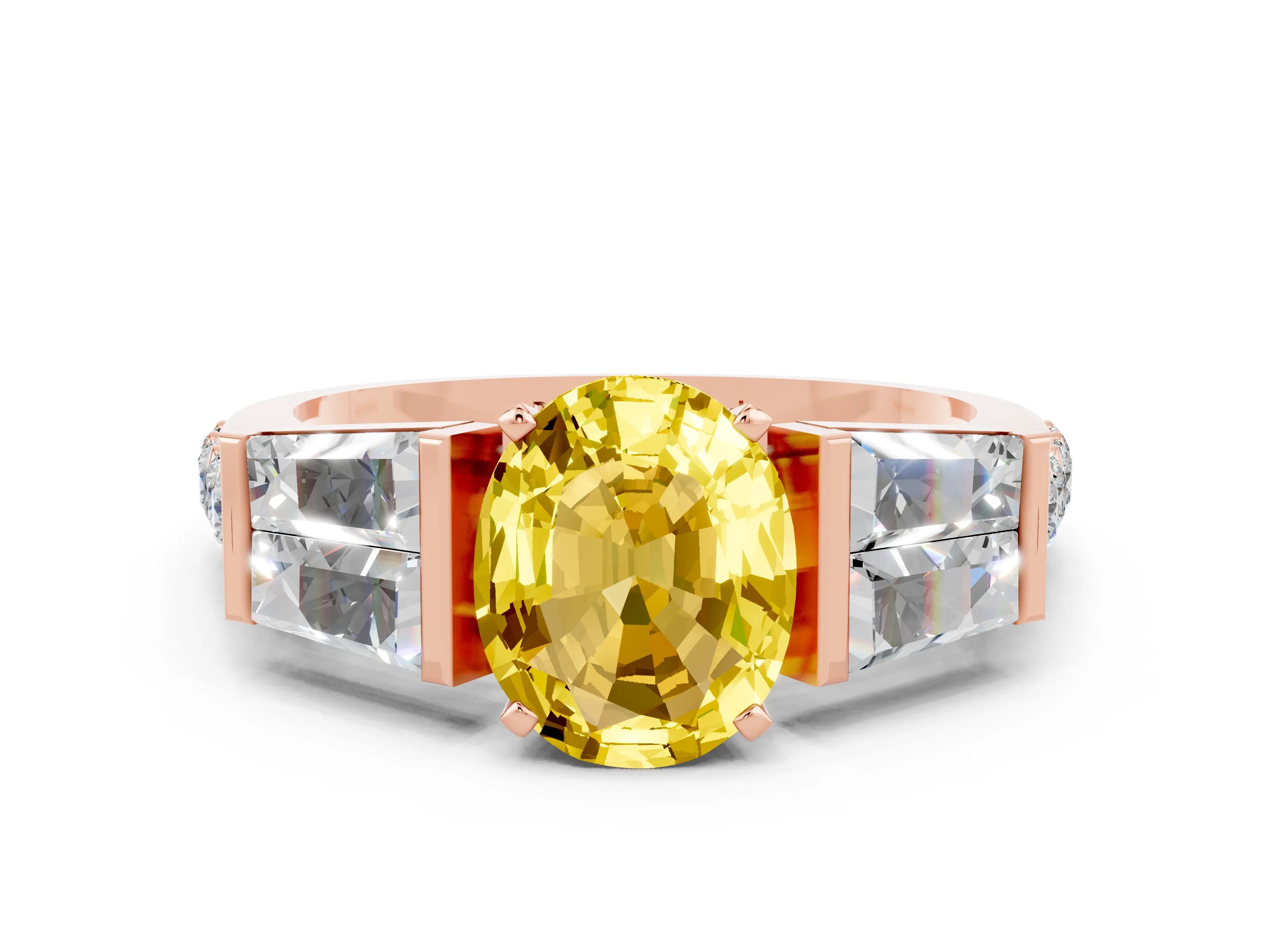 Rose gold Oval Cut Yellow Sapphire Engagement Ring with Baguette Side Stones and Channel Set Band