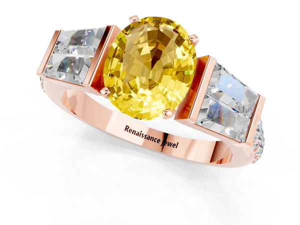 Rose gold Oval Cut Yellow Sapphire Engagement Ring with Baguette Side Stones and Channel Set Band