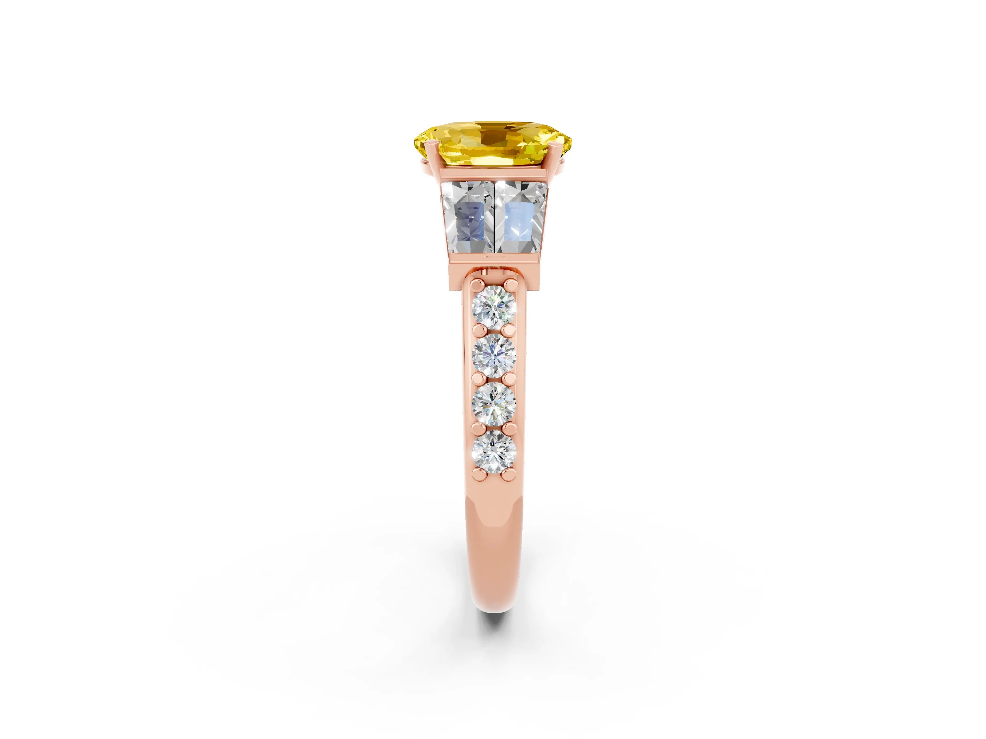 Rose gold Oval Cut Yellow Sapphire Engagement Ring with Baguette Side Stones and Channel Set Band_2