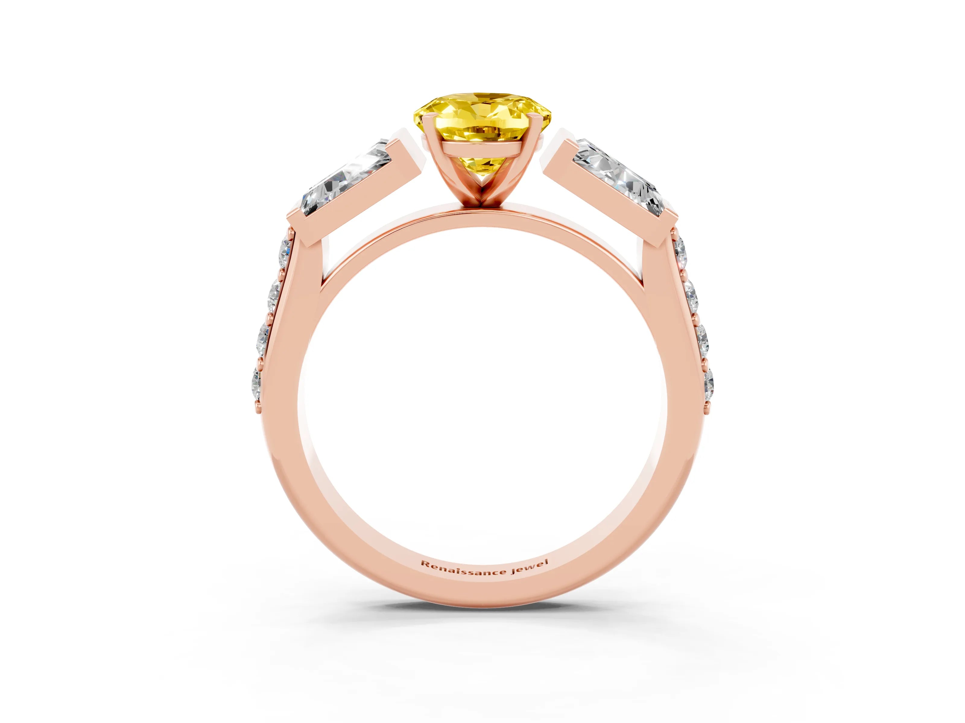 Rose gold Oval Cut Yellow Sapphire Engagement Ring with Baguette Side Stones and Channel Set Band_3