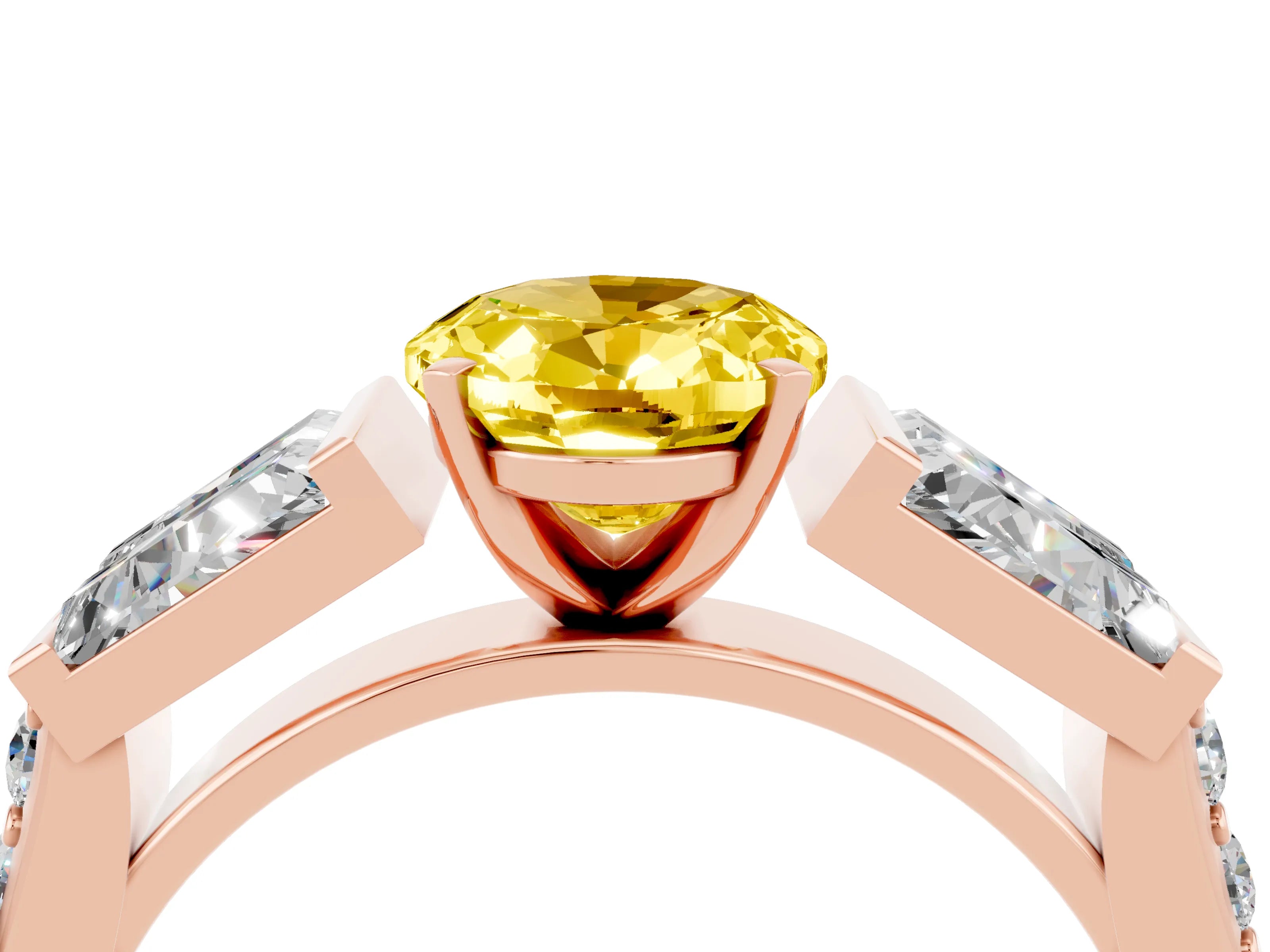 Rose gold Oval Cut Yellow Sapphire Engagement Ring with Baguette Side Stones and Channel Set Band_4