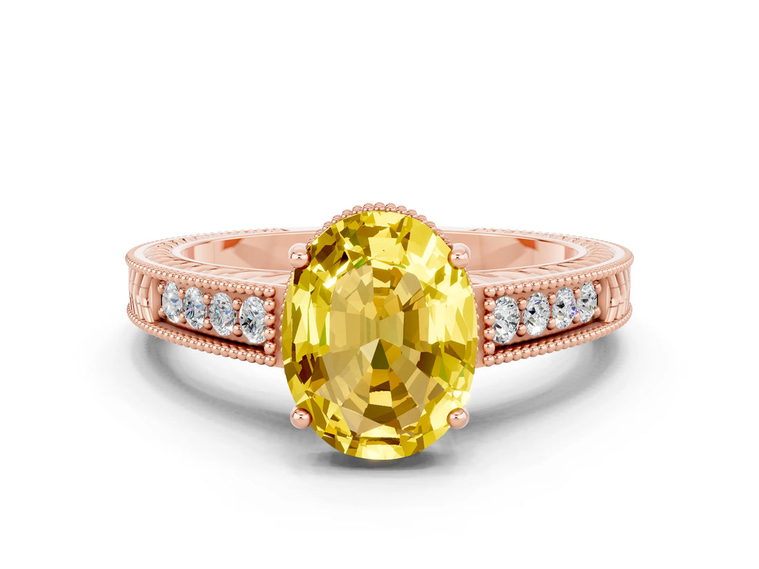 Rose gold Oval Cut Yellow Sapphire Engagement Ring with Milgrain Channel Set Band and Prong Setting_24