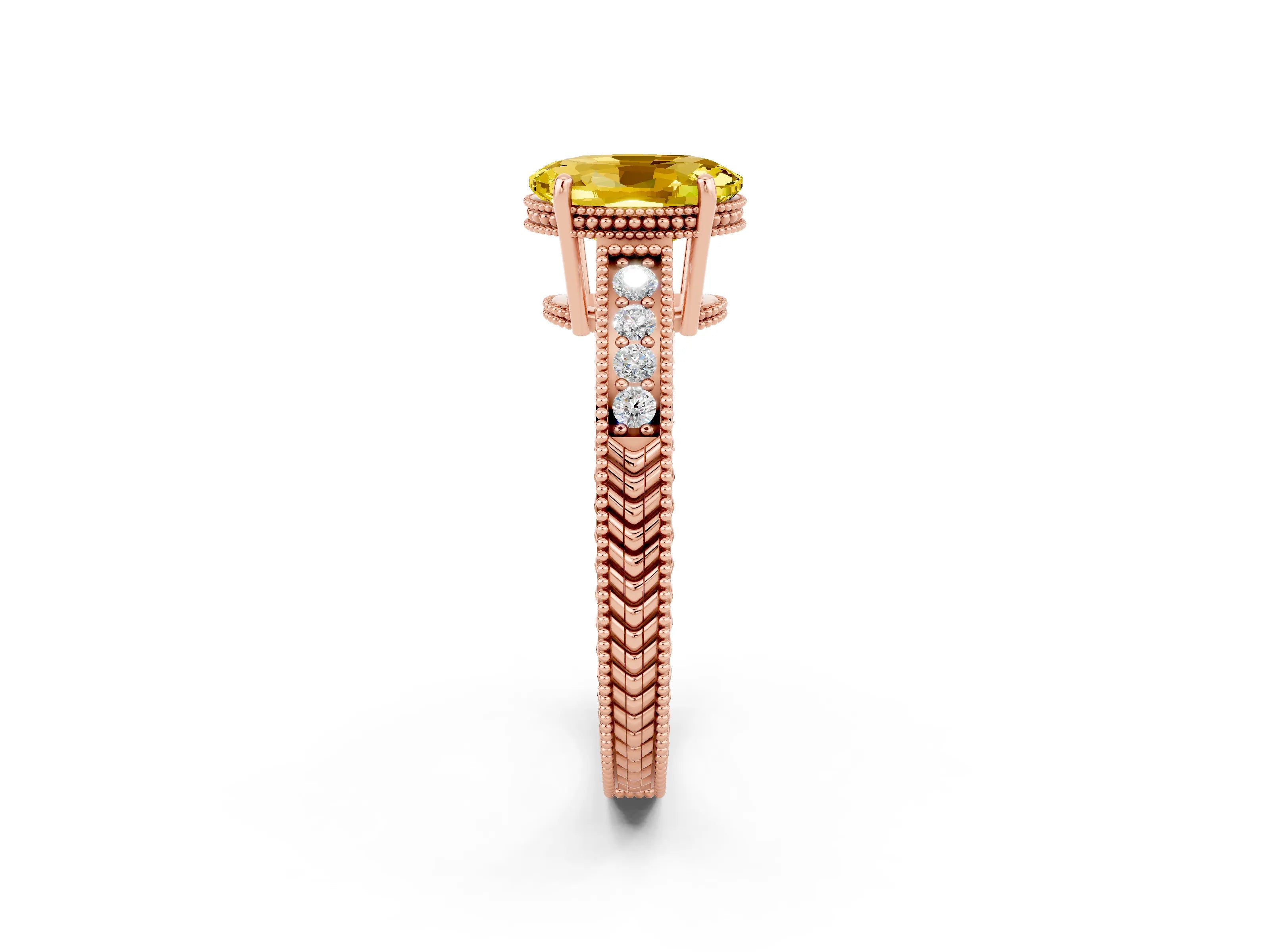 Rose gold Oval Cut Yellow Sapphire Engagement Ring with Milgrain Channel Set Band and Prong Setting_26
