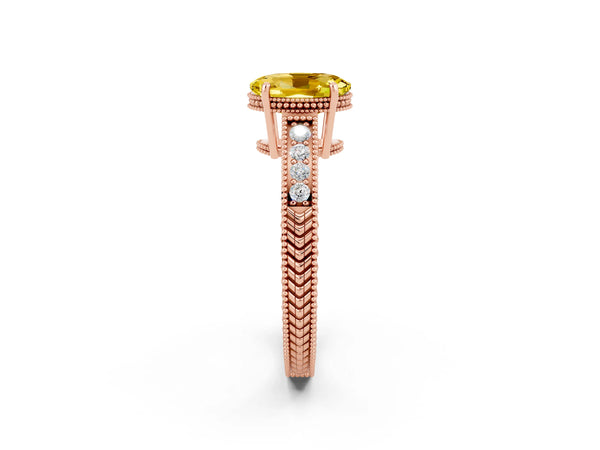 Rose gold Oval Cut Yellow Sapphire Engagement Ring with Milgrain Channel Set Band and Prong Setting